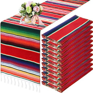 Tegeme 12 Pcs Mexican Table Runners 14 x 84 Inch Mexican Serape Table Runner Blanket Fringe Cotton Rainbow Fiesta Party Decoration for Cinco De Mayo Wedding Sarapes Mexicanos Boho Fresh Style