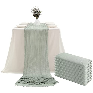 DOLOPL 8PCS St Patricks Day Table Runner Sage Green Cheesecloth Boho Gauze 133ft Rustic Sheer Runner 160inch Long for Wedding Bridal Baby Shower Party Decorations
