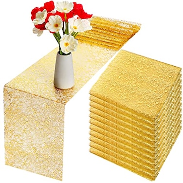 Tudomro 12 Pieces Gold Table Runner 11 x 84 Inch Metallic Thin Mesh Runner Roll Rectangle Glitter Gold Table Decor for Thanksgiving Christmas Wedding Event Party Banquet Birthday Supplies