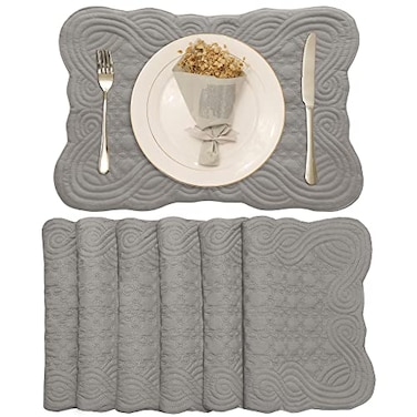 Loom and Mill Quilted Table Placemats Set of 6 Natural Fabric Farmhouse Style Dining Table Mats Double Layer Washable for Kitchen Dinner Party Holiday All Season Everyday Use12x18 Light Gray