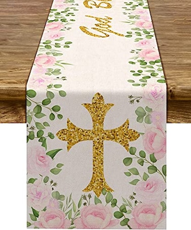 Pudodo Girl Baptism Table Runner God Bless First Holy Communion Christening Baby Shower Party Kitchen Dining Home Decoration 13 x 90 Red