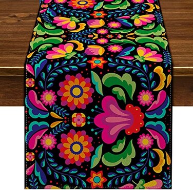 Nepnuser Mexican Table Runner for Dia De Los Muertos Decorations Cinco De Mayo Party Supply Linen Home Kitchen Altar Ofrenda Decor 108Inches Long