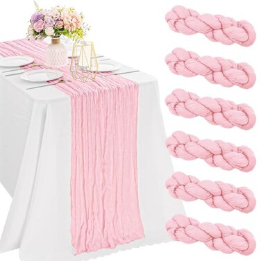 JALANCY 6 Pieces Pink 10FT Cheesecloth Table Runner Boho Gauze Fabric Table Runner Rustic Sheer Runner for Wedding Birthday Baby Shower Party Boho Table DecorationPink