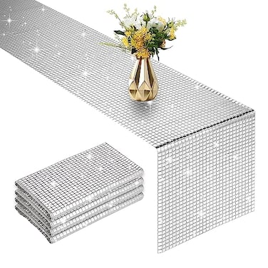 Vehipa 4 Packs Glitter Disco Party Table Runner 12 x 108 Inches Mirror Silver Foil Decor for 70s 80s Disco Party Decorations Birthday Home Table Decorations