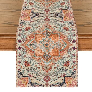 Artoid Mode Boho Bohemia Style Orange Table Runner Country Rustic Farmhouse Magical Fall Kitchen Dining Table Decoration for Home Party Decor 13x48 Inch
