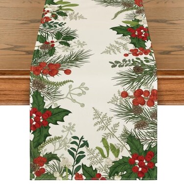 Artoid Mode Holly Pine Cone Christmas Table Runner Seasonal Winter Kitchen Dining Table Decoration for Home Party Decor 13x72 Inch