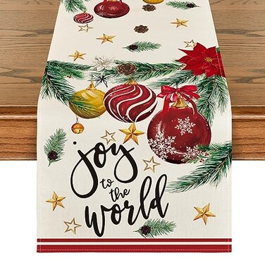 Artoid Mode Xmas Balls Pine Poinsettia Christmas Table Runner Star Holiday Winter Kitchen Dining Table Decoration for Home Party Decor 13x90 Inch
