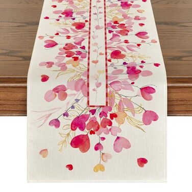 Artoid Mode Red Pink Heart Branch Table Runner Seasonal Leaf Kitchen Dining Table Decoration for Home Party Decor 13x72 Inch