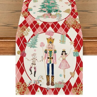 Artoid Mode Red Diamond Plaid Nutcracker Snowflake Christmas Table Runner Winter Kitchen Dining Table Decoration for Home Party Decor 13x72 Inch