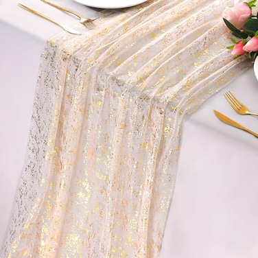Snowkingdom 10 Ft Gold Table Runner Sheer Gauze Chiffon Tulle Cheesecloth Sequin Glitter Metallic Foil Table Decorations for Home Wedding Anniversary Party Birthday Holiday Christmas Thanksgiving