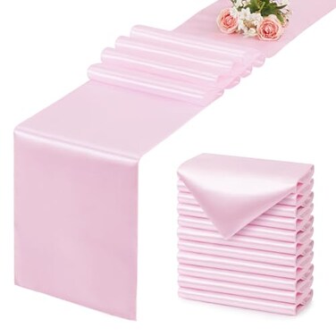 VCUSUELER 12 Pack Light Pink Table Runner 12x108 Inches Long Satin SilkLike Smooth Table Decor for Wedding Prom Event Party