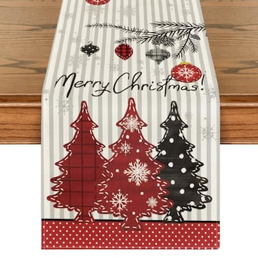 Artoid Mode Xmas Trees Snowflakes Stripes Merry Christmas Table Runner Seasonal Winter Holiday Kitchen Dining Table Decoration for Home Party Decor 13x72 Inch