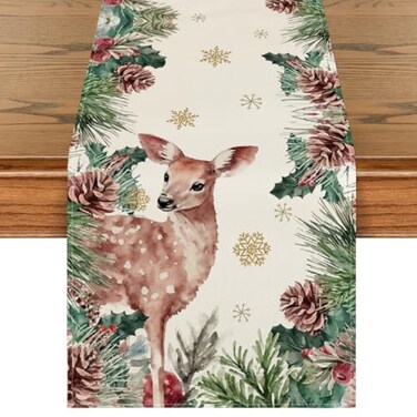Artoid Mode Reindeer Pine Cone Leaves Christmas Table Runner Seasonal Winter Floral Kitchen Dining Table Decor for Home Party 13x72 Inch