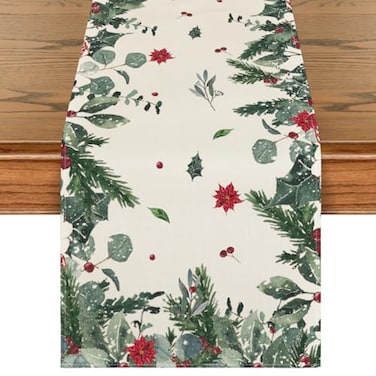 Artoid Mode Green Leaves Poinsettia Holly Christmas Table Runner Seasonal Winter Kitchen Dining Table Decor for Home Party 13x72 Inch