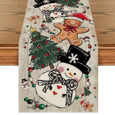 Artoid Mode Wood Snowman Gingerbread Xmas Pine Merry Christmas Table Runner Seasonal Winter Kitchen Dining Table Decoration for Home Party Decor 13x72 Inch