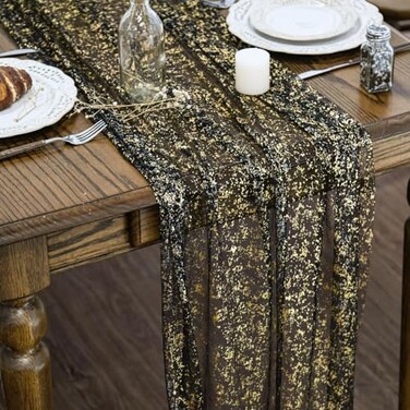 Artoid Mode Black Gold Gauze Table Runner 120 Inch 10FT Glitter Metallic Foil Sheer Dining Wedding Anniversary Holiday Birthday Table Decor for Home Party