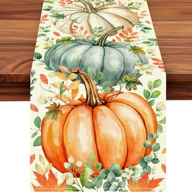 SHUNLCD Pumpkin Eucalyptus Leaves Fall Table Runner Autumn Thanksgiving Kitchen Table Decorations for Home Party Decor Pumpkin 2 13x72 inches