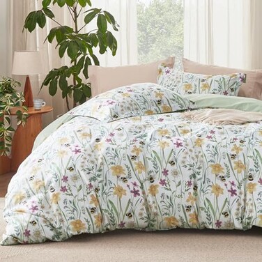 Bedsure Duvet Cover King Size Reversible Floral Patterned Duvet Cover Set with Zipper Closure 3 Pieces Green Bedding Set with 8 Corner Ties and 2 Pillow Shams 20x36
