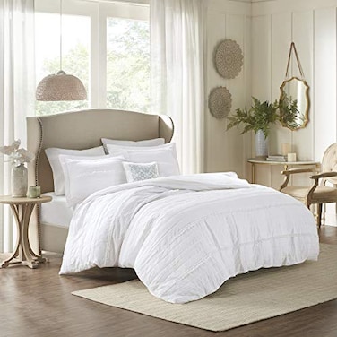 Madison Park Celeste Duvet Cover KingCal King Size White Ruffle Stripes Duvet Cover Set 4 Piece Ultra Soft Microfiber Light Weight Bed Comforter Covers