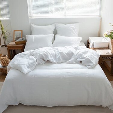 Simple&amp;Opulence SimpleOpulence 100 Linen Duvet Cover Set 3pcs Basic Style Natural French Washed Flax Solid Color Soft Breathable Farmhouse Bedding with Button Closure White King