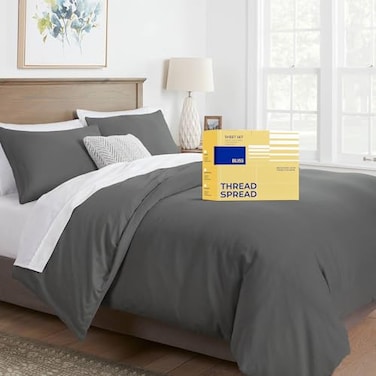 THREAD SPREAD Duvet Cover Queen Size 600 Series 100 Egyptian Cotton Queen Duvet Cover 3 PC Dark Grey Soft Cooling Durable Sateen Weave Comforter Protector Zipper Closure with 7 Corner Ties