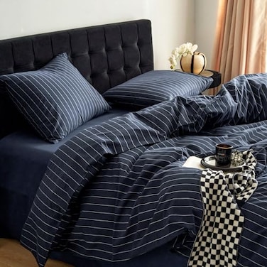 Wake In Cloud Striped Cotton Duvet Cover Set Ticking Stripe Vertical Pinstripe Farmhouse 100 Washed Cotton Textured Bedding Set 3 Pieces Navy Blue Queen Size