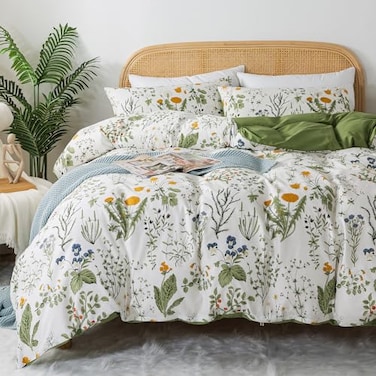 Zusbest Floral Duvet Cover Queen 100 Percale Cotton Botanical Garden Flower Printed Bedding Reversible Green Yellow Leaves Pattern Comforter Covers French Country Bedding Soft 3PcsNot Comforter