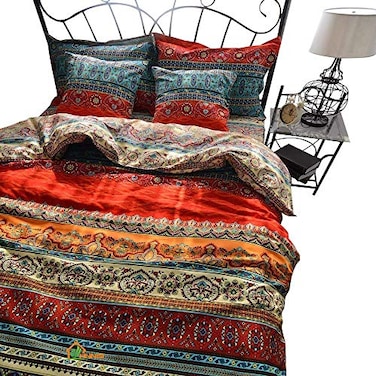 HNNSI 4 Pieces Bohemian Duvet Cover and Fitted Sheet Sets King Size Brushed Cotton Bohemia Exotic Striped Bedding Sets Boho Comforter Cover SetsNo Comforter Fitted Sheet Sets King