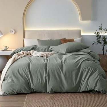 JIYUAN Queen Size Duvet Cover Set 3Piece 100 Washed Cotton LinenLike Soft Breathable with Zipper Closure Includes 90x90 Inch Cover 2 Pillowcases Heathered Green
