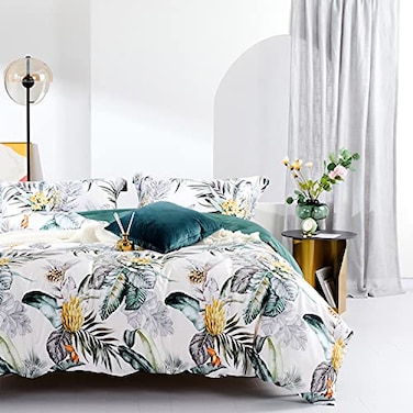 MILDLY 100 Long Staple Cotton King Duvet Cover 3 Pieces Set Summer Tropical Plantain and Floral Pattern Comforter Cover Set