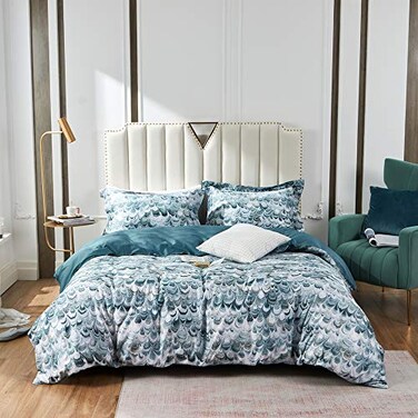 MILDLY 100 Long Staple Cotton King Duvet Cover Set Aqua Blue Peacock Tail Plume Pattern Printed Comforter Cover Set