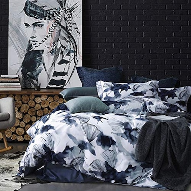 MILDLY 100 Long Staple Cotton Duvet Cover Set Dark Blue Ginkgo Leaf Watercolor Comforter Cover Set