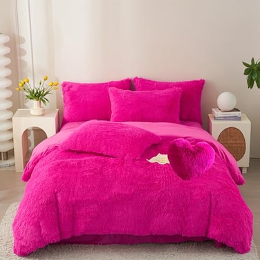 MorroMorn 5 PCS Shaggy Duvet Cover Bedding Set Fluffy Comforter Cover Long Faux Fur Luxury Ultra Soft Cozy Hot Pink FullQueen