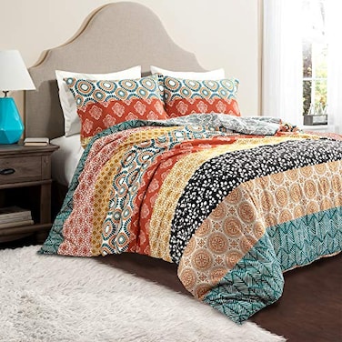 Lush Decor Bohemian Stripe Reversible Cotton Duvet Cover Set 3 Piece Set King Turquoise Orange Striped Bedding Set King Duvet Set Boho Decor