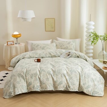 ECOCOTT 3 Pieces Duvet Cover Set with Vintage Green Leaves Pattern 100 Natural Cotton Ultra Soft and Easy Care Breathable Cozy Simple Style Bedding Set King Size