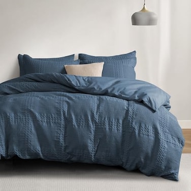 PHF 100 Cotton Waffle Duvet Cover King Size 3 Pieces Soft Breathable Duvet Cover Set for All Season PreWashed Decorative Textured Comforter Cover with 2 Pillow Shams 106 x 92 Navy Blue