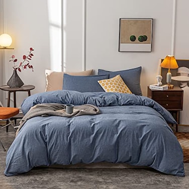 Janlive Washed Cotton Duvet Cover Queen Ultra Soft 100 Cotton Solid Color Navy Blue Duvet Cover Set with Zipper Closure 3 Pieces Navy Blue Queen