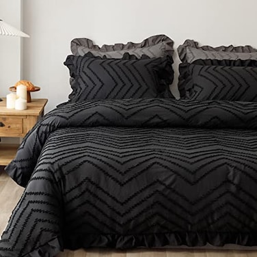 BAHALDEN Tufted Duvet Cover Queen Sets Soft and Breathable Comforter Cover with Zipper ClosureEmbroidery Boho Bedding with RufflesBlack 90x90 inches and 2 Pillowcsaes