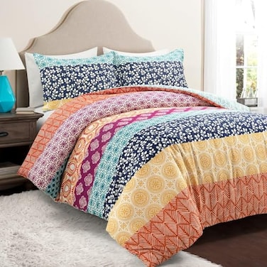 Lush Decor Bohemian Stripe Reversible Cotton Duvet Cover Set 3 Piece Set King Fuchsia Orange Striped Bedding Set King Duvet Set Boho Decor