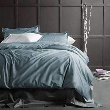 Eikei Solid Color Duvet Cover Luxury Bedding Set 400 Thread Count Egyptian Cotton Long Staple Sateen Weave Breathable Silky Soft Pima Premium Quality Bed Linen Queen Stormy Sea
