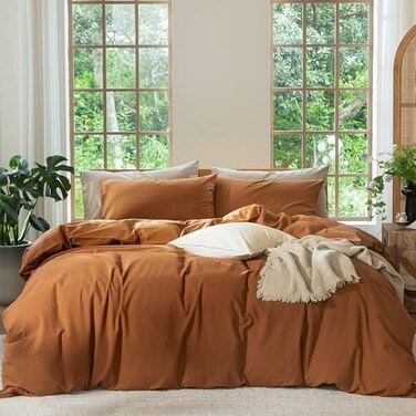 MooMee Bedding Duvet Cover Set 100 Washed Cotton Linen Like Textured Breathable Durable Soft Comfy Solid Dark Orange Twin 68x90