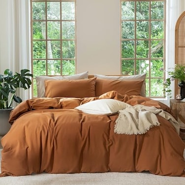MooMee Bedding Duvet Cover Set 100 Washed Cotton Linen Like Textured Breathable Durable Soft Comfy Solid Dark Orange King 104x90