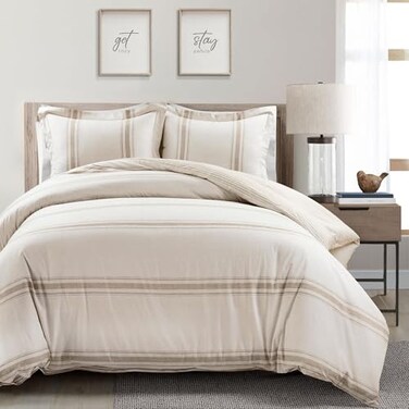 Lush Decor Farmhouse Stripe Reversible Cotton Duvet Cover King Size 3 Piece Set Neutral Farmhouse Bedding Set King Striped Duvet Cover