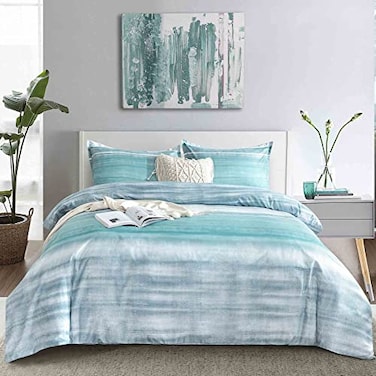 Faincy Blue Grey Striped Queen Size Duvet Cover Teal and Gray Stripe Printed Pattern Reversible Microfiber Comforter Cover Bedding Sets 3PC 90 x 90 Soft Bed Sets Modern Abstract Style for Women Men