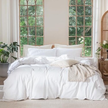 MooMee Bedding Duvet Cover Set 100 Washed Cotton Linen Like Textured Breathable Durable Soft Comfy Solid Bright White Full 80x90