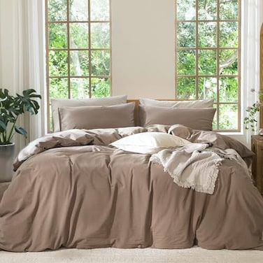 MooMee Bedding Duvet Cover Set 100 Washed Cotton Linen Like Textured Breathable Durable Soft Comfy Solid Brown Queen 90x90