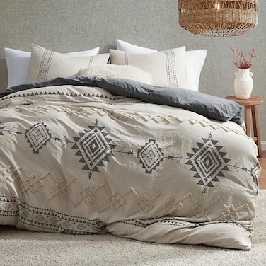 Oli Anderson Boho Duvet Cover Set Queen Size Beige and Gray Color Clash 3 Pieces Microfiber Bedding Set Durable and Super Soft Duvet Covers with Zipper and Ties 9090