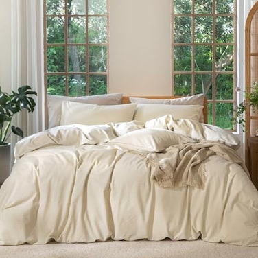 MooMee Bedding Duvet Cover Set 100 Washed Cotton Linen Like Textured Breathable Durable Soft Comfy Heathered Almond Milk Grey Twin 68x90