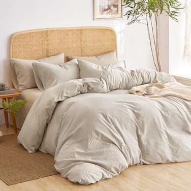 Wake In Cloud Striped Cotton Duvet Cover Set 100 Washed Cotton Textured Bedding Set Ticking Stripe Pinstripe Farmhouse 3 Pieces Tan Full Size