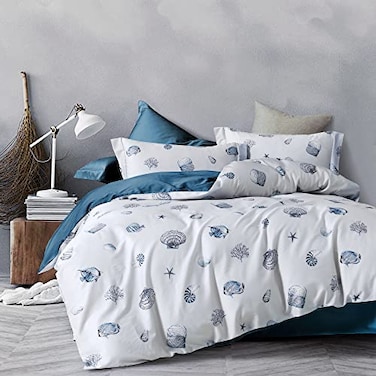 MILDLY 100 Washed Cotton Duvet Cover Seashell Blue Comforter Cover Set Nautical Coastal Pattern Bedding Set with Zipper Closure 4 Ties Twin Size
